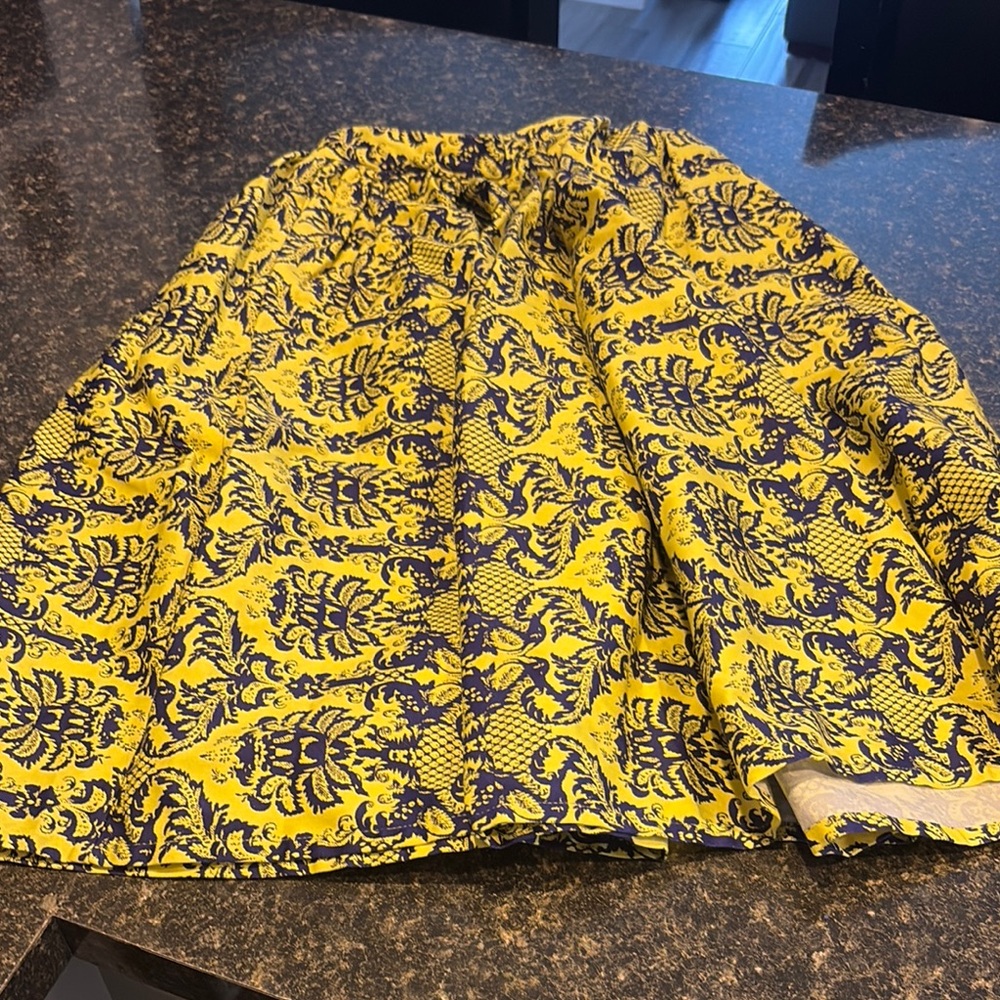 Unique Vintage Yellow and Blue Jacquard Print floral high waist skirt